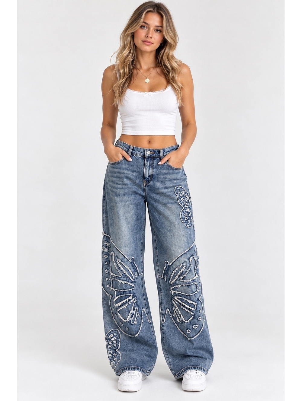 Hot Topic Butterfly Appliqué Wide Leg Jeans Size 9 Y2K Grunge